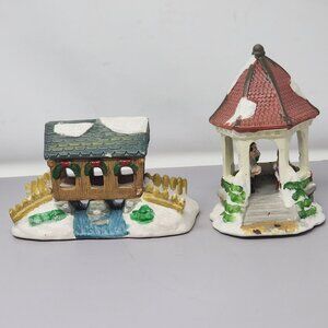 Winter Christmas Holiday Ceramic Covered Bridge & Gazebo Figurines